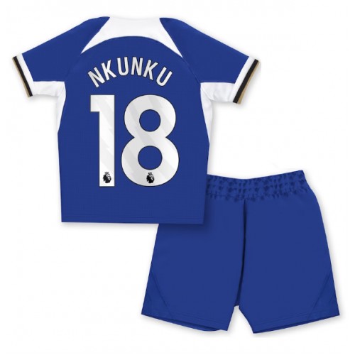 Otroški Nogometni dresi Chelsea Christopher Nkunku #18 Domači 2023-24 Kratek Rokav (+ Kratke hlače)